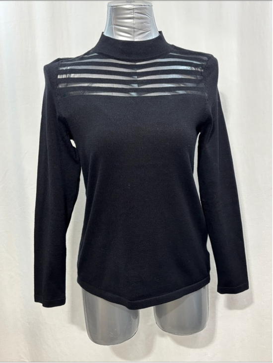 Andrea Jovine Sweaters - Andrea Jovine Black Mock Neck Knit Sweater with Sheer Stripe Yoke 358 stretch